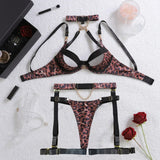 2025 Metal Chain Sexy Wild Leopard Pattern Hollow Cross Heavy Craftsmanship Body Shaping Sexy Underwear Five Piece Set