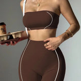 Women Strapless Bandeau Sports Bra Seamless High Waist Yoga Leggings Set Padded Workout Fitness Gym 2 Piece Outfits