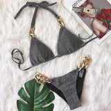 Halter Chains Rhinestone Diamond Bikini Women Swimsuit Female Ribbed Swimwear Two Pieces Bikini set Brazilian Bathing Suit Swim