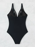 Sexy Black One Piece Swimsuit 2026 Women Mesh Patchwork Transparent Tummy Control Swimwear Bathing Suit See Through Monokini