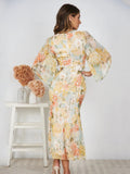 Foridol Hollow Out Lantern Sleeve Spring Women's Dress Printed Floral Midi Summer Dress 2025 V Neck Boho Yellow Sundress Party