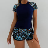 Sports Swimsuit for Women 2026 New 2 Piece Swimsuit High Waist Tankini Short Sleeve Round Neck Patchwork Bikini Set Swimwear