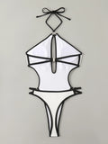 DEKA White Hollow One Pieces Swimsuit Women's Beaded HalterBathing Suit Bodysuit Vacation Swimwear Beach Wear