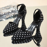 Fashion Polka Dot Ankle Buckle Pumps Women Plus Size 42 Pointed Toe High Heels Sandals Woman Elegant Thick Heel Party Shoes