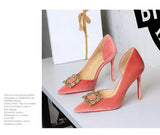 Women 10cm Super High Heels Pointed Toe Side Hollow Work Pumps Metal Crystal Buckle Velvet Stiletto Fashion Banquet Lady Shoes