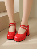 Women Silver Metallic Platform Mary Jane Shoes Double Rhinestone Buckle Chunky Block High Heels Y2K Vintage Square Toe Pumps