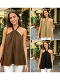 Women Tie-up Halter Tops Loose Solid Color Sleeveless Open Back Ruffled Vest Stylish Summer Streetwear