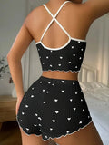Heart Print Pajama Set for Women Sleepwear Soft Ribbed Fabric Casual Cami Tops and Shorts Pijamas Sets Loungewear