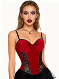 Christmas Red Black Lace Fishnet Boned Bodysuit, Sexy Push Up Corset Shapewear with Side Smoothing, Tummy Control Lingerie