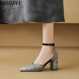 Zebra Leopard Animal Print Pointed Closed Toe Block High Heels Lady Mature Summer Shoes V-cut Designer Women Dress Pumps Sandals