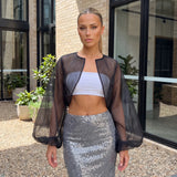 Women Chiffon Cropped Shrugs Fashion Stylish Sheer Open Front Balloon Long Sleeve Cardigan Blouse Shirts Bolero Cover-ups