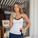 Women Summer Lace Trim Camisoles Sexy Dot Print Slim Fit V Neck Spaghetti Strap Tops