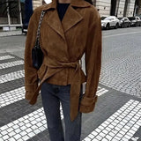 Phantasy Fashion Vintage Belt-Down Jacket Autumn Winter V-Neck Commuter Brown Suit Casual Style High-End Women's Clothing 2025