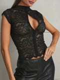 Ahagaga Summer Chic Lace Patchwork Tops Tees Sexy Sleeveless High Neck Hollow Out Slim Regular Elegant Club T-Shirt for Ladies