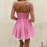Summer Plaid Mini Cami Dress for Women Fashion Slim Ruffle Trim Tie-up Spaghetti Strap A-line Dresses for Daily Party