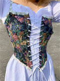 Women Retro Jacquard Corset Lace Floral Trim Bandage Bustier Crop Tops Boat Neck Irregular Camisole Tank Tops Female