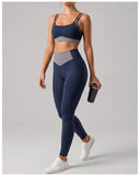 Summer Color-block Yoga Sets Women Thin Strap Open Back Shockproof Sports Bra Tight High Waist Leggings Training Fitness Suits