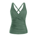 Women Bikini Tankini Top Front Knot Ruched Swimsuit V Neck Bathing Suit Swim Top Cross Back Swimwear Tops Summer Beach Wear