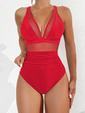 Solid Color One Piece Bikini for Women,sexy Deep-V Neck Suspender Backless Swimsuit,high Waist Translucent Striped Mesh Swimwear