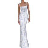 Women's Summer Sexy Bodycon Dress Spaghetti Strap Sleeveless Backless Slim Fit Floral Printed Long Dresses