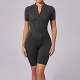 Summer Zipper Workout Jumpsuit Sports Overalls Women Running Fitness Short Sleeve Yoga Bodysuit