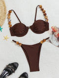 DEKA Women Swimsuit Summer Push Up Backless Halter Brazilian Underwired Bra Cup Bikini Set Solid  Micro String Thong Swimwear