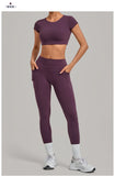 Yoga Set Women's Tracksuit Short Sleeve Back Hollow Out Sports Top Athletic Wear Tight High Waist Pocket Leggings Fitness Suits