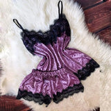 Summer Velvet Pyjamas Set for Women Sleepwear Sleeveless Straps Nightwear Lace Trim Cami Top and Shorts Sets Sexy Lingerie