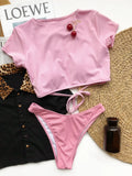 Sexy Bikini Women 2-Piece Swimwear Swimsuit Backless Solid Short Sleeve Female Beach Bikinis Set Bathing Suit Banadores Mujer