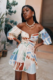 Women Vintage Print Patchwork Mini Dress Summer Sexy Fashion Elegant Short Sleeve Bodycon Off Shoulder Backless Party Dresses