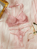 Toucheart Sexy Lingerie Comfortable Ultra-Thin Sexy Lace Printing Patchwork Mesh Semi-Transparent Push-Up Pink Underwear Set New