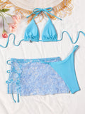 Sexy Sequin Pink Bikini Set Women Shiny Push Up Bra Thong Mesh Drawstring Skirt 3 Piece Swimsuit Bathing Suit Holiday Swimwear