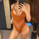 S - XXL 5 Colors V Neck Mesh Sheer Women Swimwear One Piece Swimsuit Female High Leg Cut Monokini Bather Bathing Suit Swim V6168