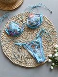 Flowers Printed Halter Underwired V-Bar Bikini Women Swimwear Female Swimsuit Two-pieces Bikini Set High Cut Bathing Suit Swim