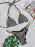Halter Ribbed Metal Chains Diamond Bikini Women Swimsuit Female Swimwear Two-pieces Bikini Set Bather Bathing Suit Swim Lady