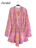 Long Sleeve Spring Summer Short Jumpsuit Women Printed Bohemian Wide Leg Playsuit Female Romper Ruffles Rayon Boho Overalls 2025