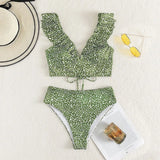 Solid Color Sexy V-neck Ruffle Bikini 2026 Women 2 Piece Swimwear Push Up Padded High Waist Swimsuit Summer Beach Bathing Suit