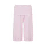 Women Capris Pants Summer Elastic Waist Solid Color Eyelets Casual Short Trousers Streetwear for Daily