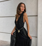 Sexy Deep V-neck Sleeveless Lace Dress Streetwear Women 2026 Backless Tunics A-line Party Dresses Long Maxi Robe Black White
