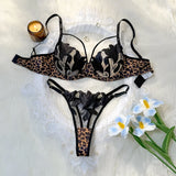 Floral Embroidery Leopard Print Lingerie Set Women Sheer Mesh Underwire Bra And Thong Sexy Underwear ZA825183
