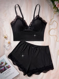 Women Sleepwear 2pcs Floral Contrast Lace Pajama Set V Neck Solid Color Bow Top & Shorts Suit Home Clothes Loungewear