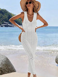 S - XL 2025 V Neck Hollow Out Crochet Knitted Tunic Beach Cover Up Long Cover-ups Beach Dress Beach Wear Beachwear Female Women