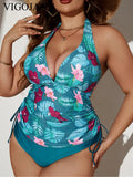 VigoJany 2026 Print Tied Halter Plus Size Bikini Women V Neck Backless Swimsuit Summer Beach Bathing Suit High Waist Bitchwear