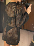 V Neck Long Sleeve Hollow Out Crochet Knitted Tunic Beach Dress Beach Wear Beachwear Beach Cover Up Cover-upsFemale Women V6335