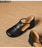 French Slip-on Single Shoes Retro British Shoes for Women Brown T-Strap Shallow Flat Sandals Soft Leather Rome  Summer New 32-43