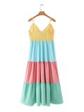 Foridol Multicolor Patchwork V Neck Sundress Smocked Strap Sleeveless A-line Female Midi Casual Summer Women Vestidos 2025
