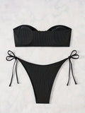 ZTVitality Sexy Bandeau Rib Knit Tie Side Black Bikini Set 2024 Biquini New Arrival Padded Strapless Swimsuit Women's Swimwear