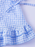 Women Plaid Shirts Button Down Puff Short Sleeve Lapel Neck Tops Fashion Slim Fit Ruffle Trim Blouses Summer