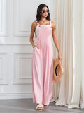 Women Fashion Jumpsuits Sleeveless Buttons Suspender Wide Leg Pant Overalls with Pockets Casual Loose Romper Streetwear
