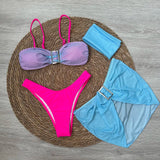 4 piece Bikini Set with Mini Skirt Headscarf Push Up Women Swimsuit 2024 Sexy Swimwear Brazilian Bikinis Thong Biquini Beachwear